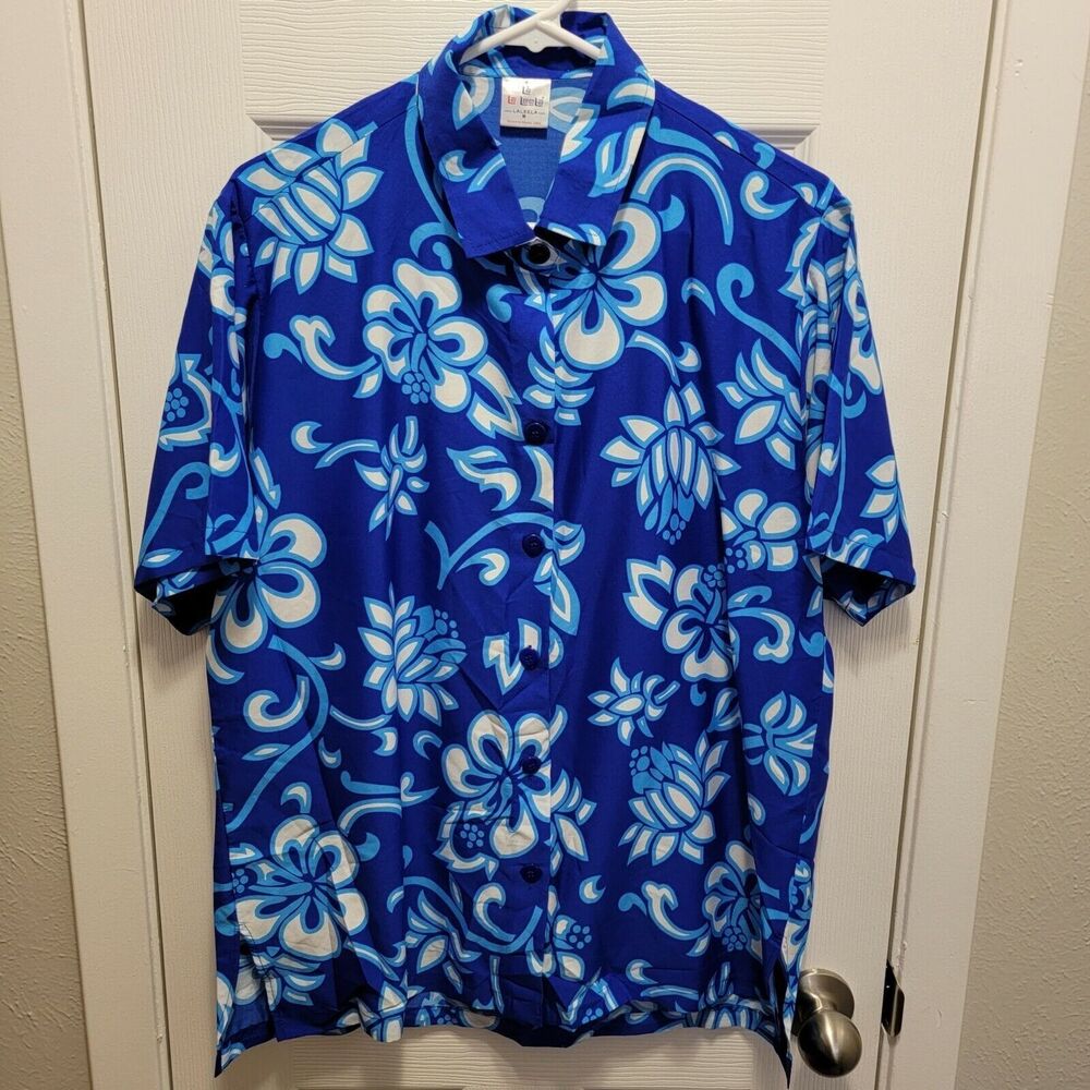Vintage La La Leela Short Sleeve Floral Hawaiian Aloha Shirt Mens M Blue White